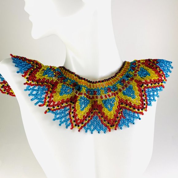 Vintage Jewelry - Gorgeous Vintage hand beaded glass seed bead Native American collar necklace